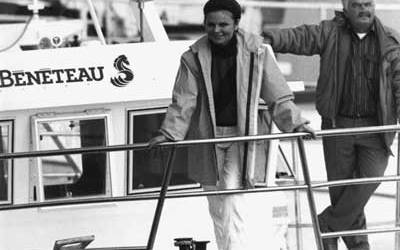 Young Madame Annette Beneteau-Roux aboard a Beneteau sailboat.